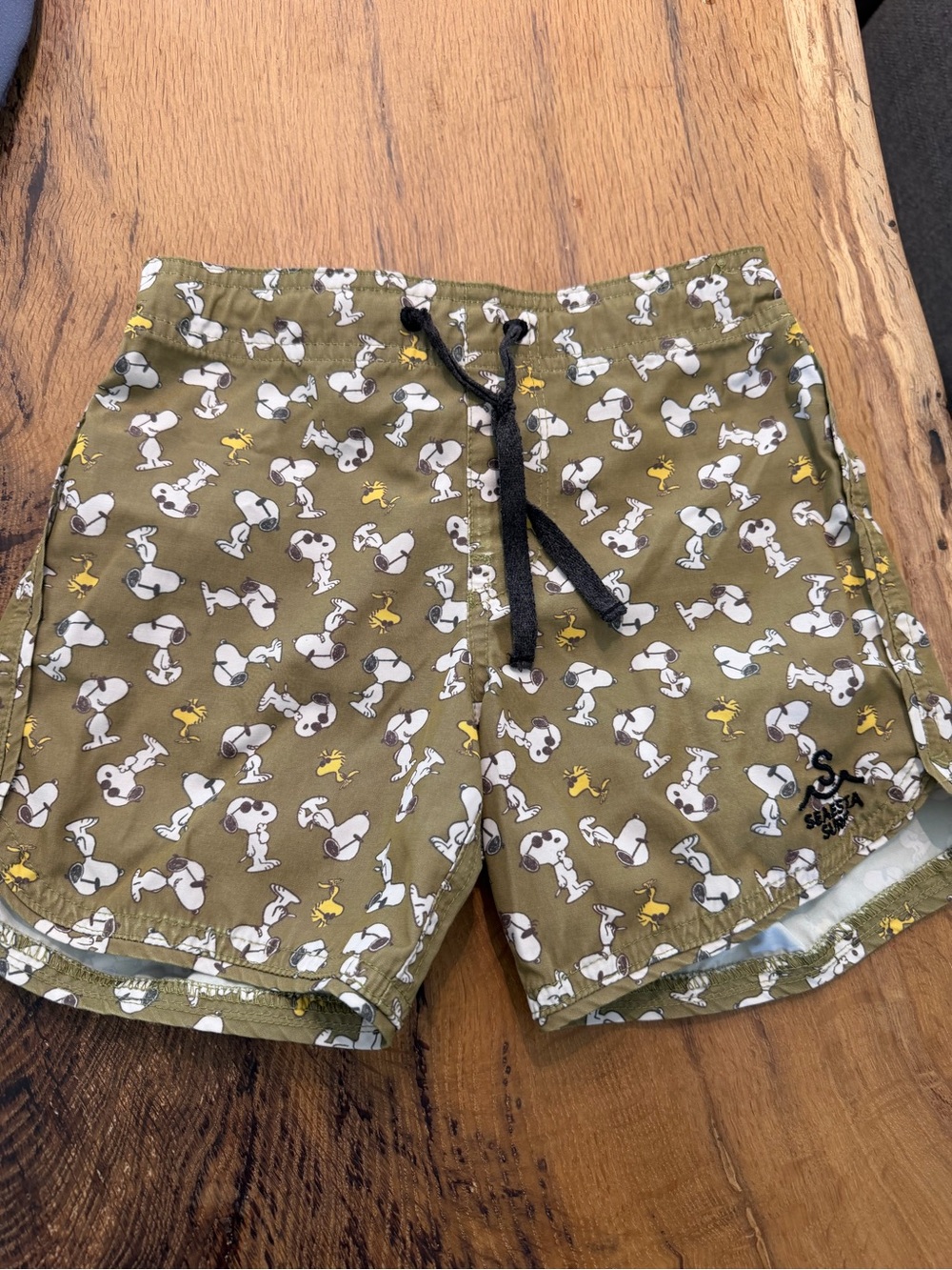 Kids Olive Green Snoopy Print Swim Trunks